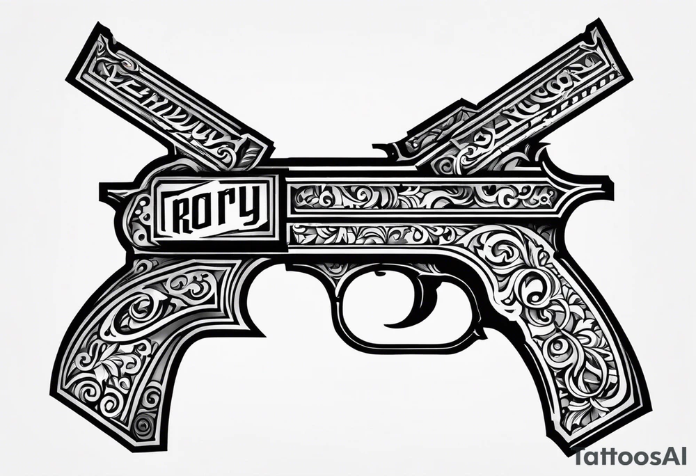 The letters AR with a pistol on each side and the word always on the top and the word ready on the bottom tattoo idea
