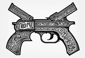The letters AR with a pistol on each side and the word always on the top and the word ready on the bottom tattoo idea