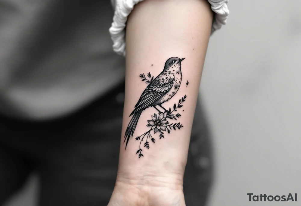 Bird with wildflowers coming out of tail tattoo idea