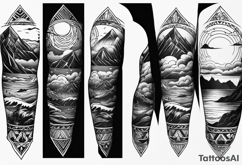 From left shoulder to forearm sleeve tattoo. Fine line geometric, concept design tattoo, ocean thunder fire nature, viking tattoo idea