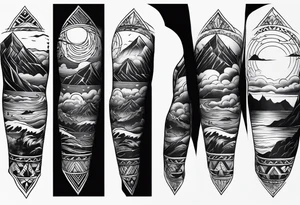 From left shoulder to forearm sleeve tattoo. Fine line geometric, concept design tattoo, ocean thunder fire nature, viking tattoo idea