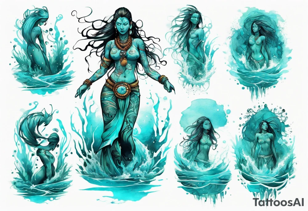 a turquoise Na'vi woman standing in the sea with water for legs surrounded by crashing waves tattoo idea
