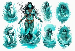 a turquoise Na'vi woman standing in the sea with water for legs surrounded by crashing waves tattoo idea