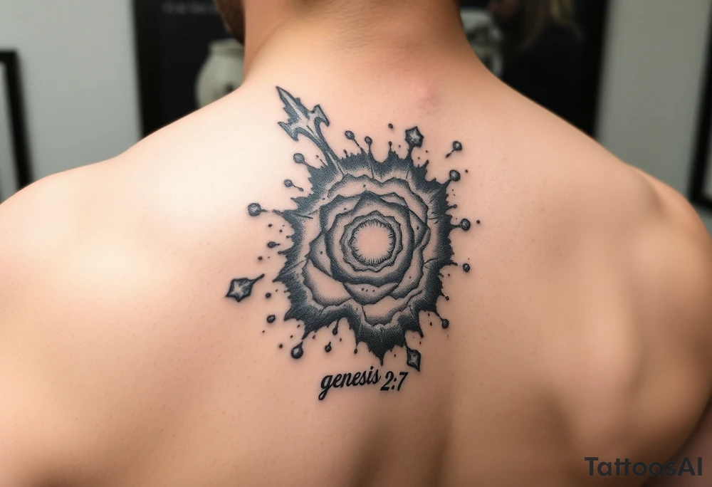 3d galaxy coming out of skin with genesis 2:7 written tattoo idea