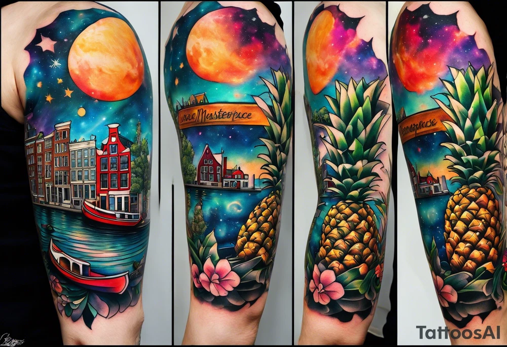 Tattoo of  animals and pineapples in Amsterdam buildings and canal featuring glass and colours of galaxy and universe colours featuring birds and other animals tattoo idea