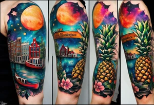 Tattoo of  animals and pineapples in Amsterdam buildings and canal featuring glass and colours of galaxy and universe colours featuring birds and other animals tattoo idea