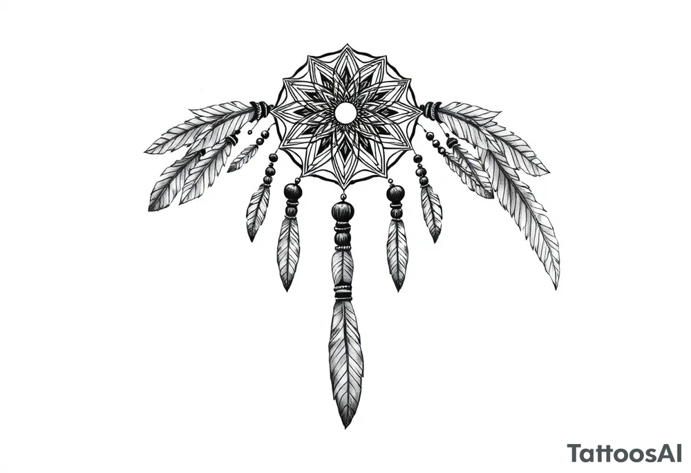 native dreamcatcher with flowing feathers and sacred beads tattoo idea