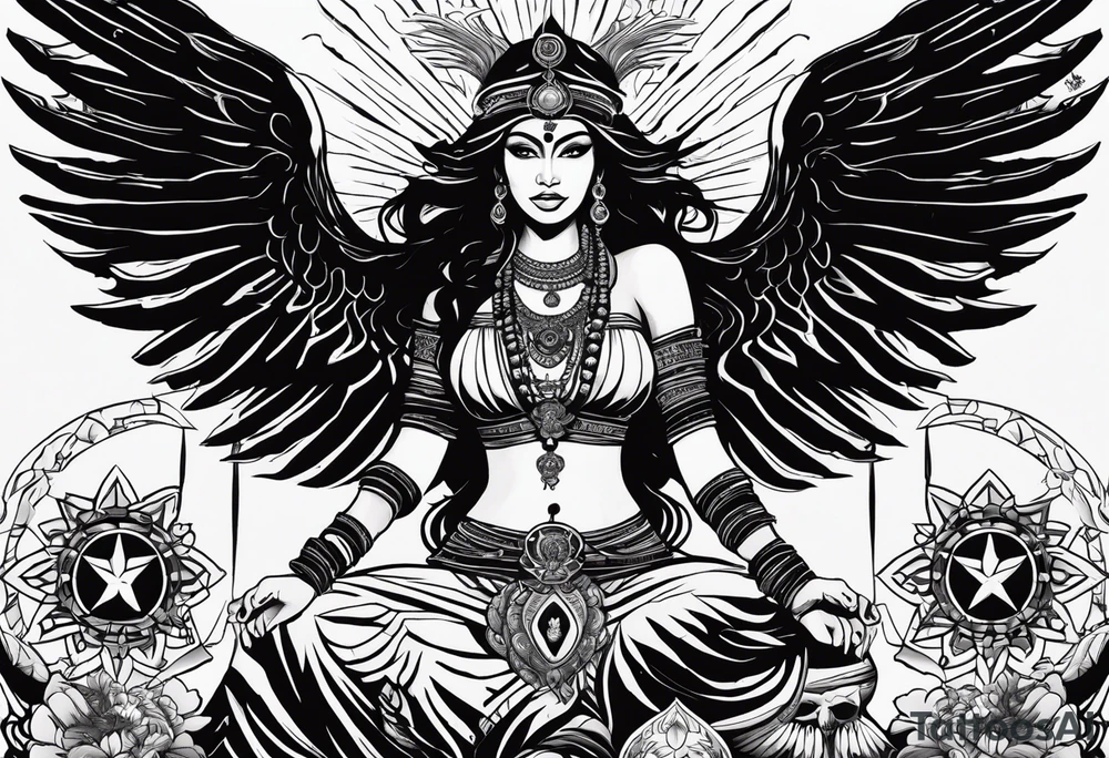 black kali, goddess pirate, alien, angel, pachamama, valkrye, warrior, flying, skull, lotus azul, wing, eagle, zenza resonance, stars, 5D, anahata chakra, death, durga, riding on a tiger, flying lady, kundalini, chest tatoo, rebel tattoo idea