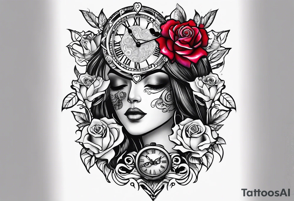 Hispanic/ Latin  woman GODDESS with half skull face, roses, loving heART, strength to move forward cancer zodiac , small clock on face tattoo idea