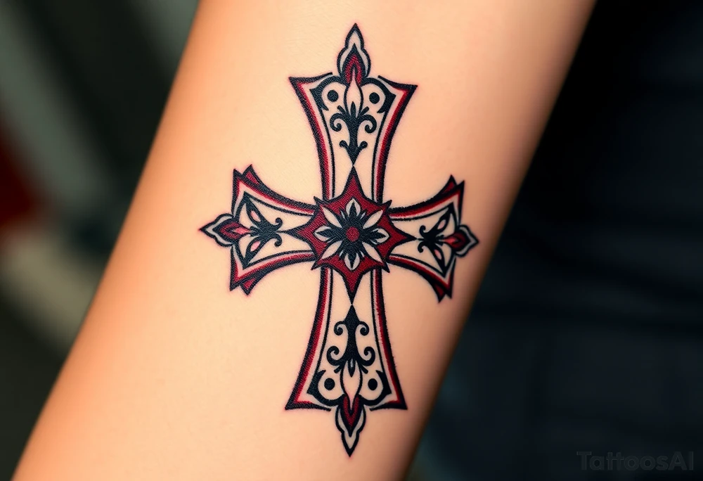 A Gothic-style Maltese cross with dark crimson shading and intricate baroque filigree, evoking mystery and power tattoo idea