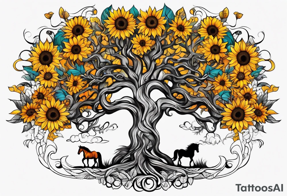 Yggdrasil tree, horse in front of it, and sunflowers tattoo idea