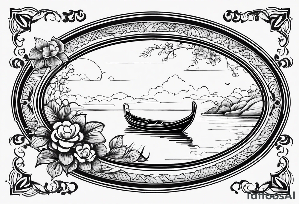 Create an oval-shaped frame inside the oval. At the center of the oval, place a traditional Thai long-tail boat decorated with flowers at its bow, as is customary. The boat should be floating on open water with gentle waves, and beneath the boat, under the water swimming turtle upside tattoo idea