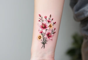 stargazer lillies in pink and white with small sunflowers and poppies in a dainty wildflower bouquet with stems tattoo idea