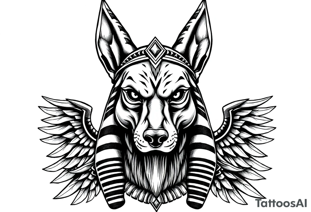 Egyptian Anubis god face muscle in Egypt style  with mantle on head with empty eyes 

dog face surrounded Egyptian symbols based on elements tattoo idea