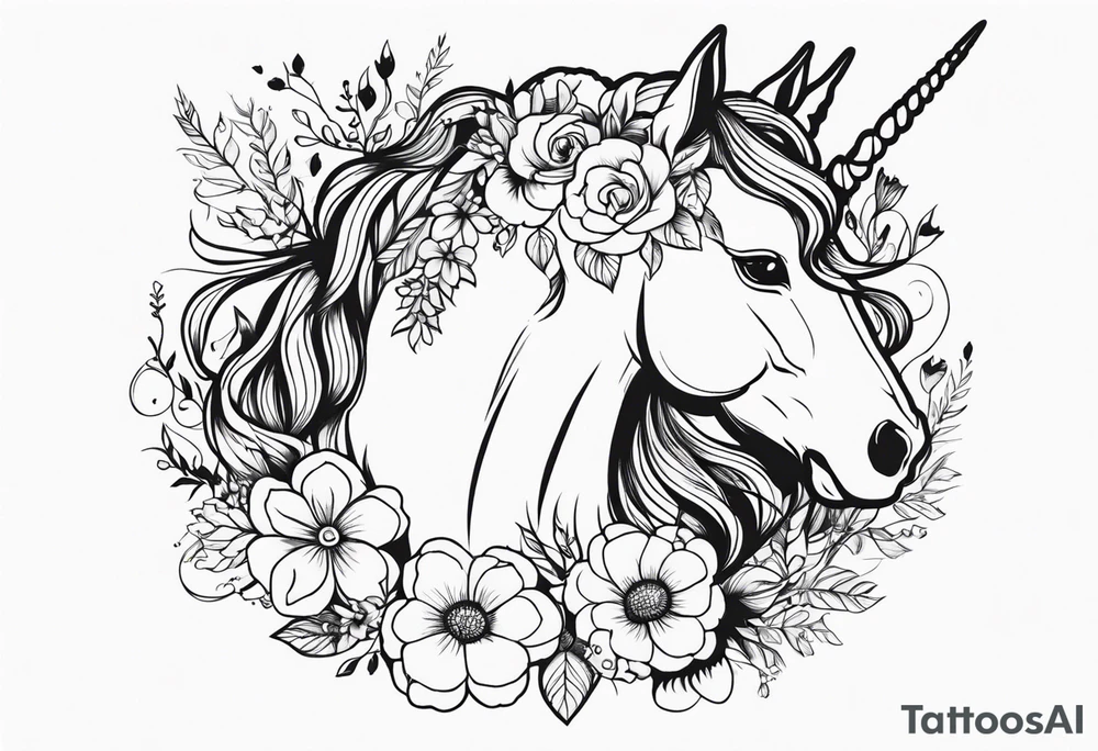 Floral mane – Unicorn with flowers and vines. tattoo idea