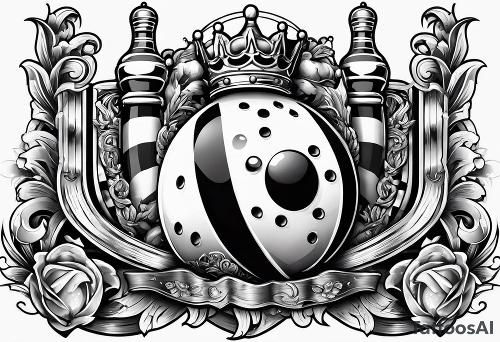 Bowling theme with car parts and LaValley family crest tattoo idea