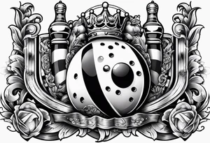 Bowling theme with car parts and LaValley family crest tattoo idea
