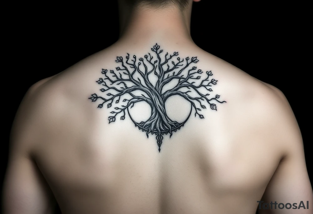 yggadrisl tree of life with circle. Jai , Phoebe, Imogen, Matilda in the circle tattoo idea