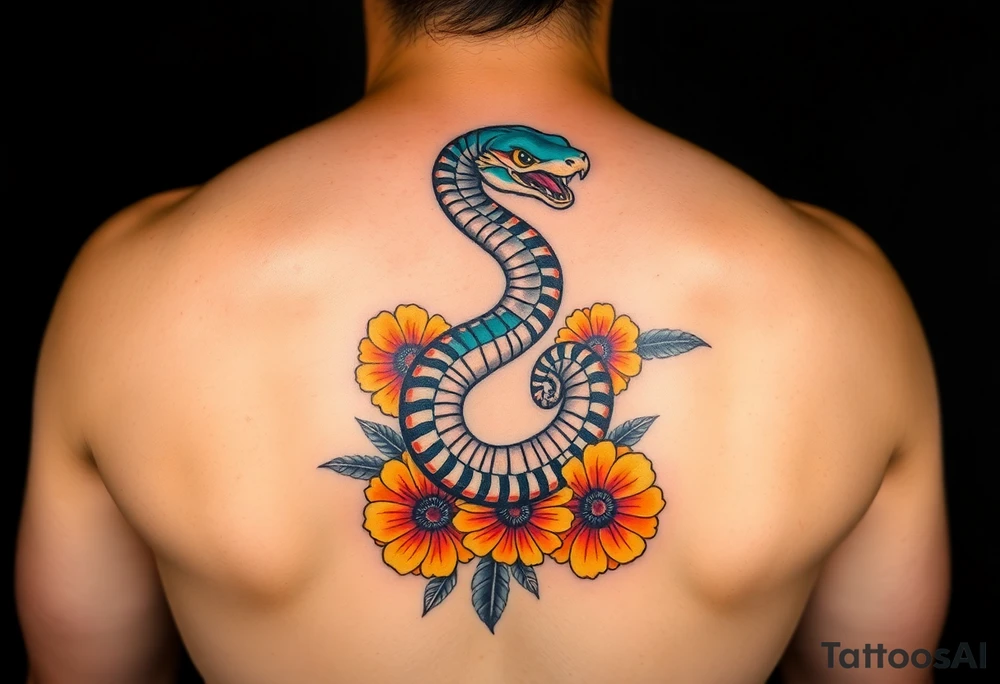 Full arm tattoo design featuring two solid black bands — one covering an upper arm tribal band and one wrapping the lower forearm. A vibrant Aztec feathered serpent (Quetzalcoatl) coils upward through the arm, overlapping the black bands with white contrast linework over the black. The serpent is detailed with bright Hispanic colors — turquoise, red, orange, and gold. Surrounding the serpent and filling negative space are Mexican marigold flowers in warm orange and yellow hues. The style is realistic tattoo design, highly detailed, with strong contrast between solid black and vivid color tattoo idea