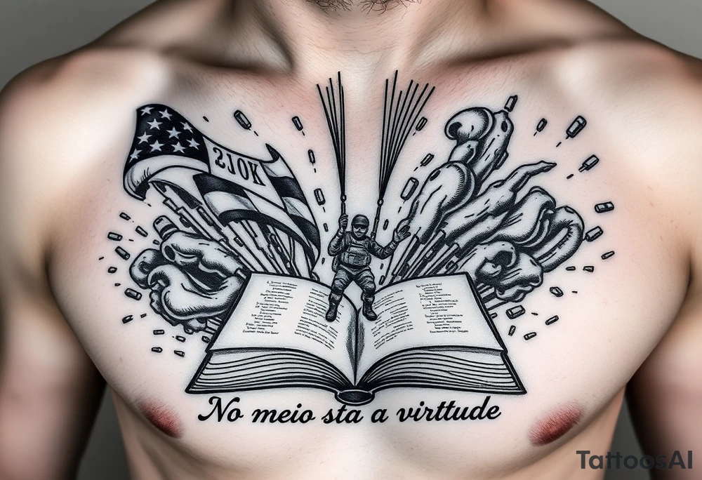 A parachuting soldier landing into an open book. Chaos surrounding, but the book is protecting the soldier from it. On the chest. Make it smaller. Make it thought provoking. "No meio esta a virtude" underneath the book tattoo idea