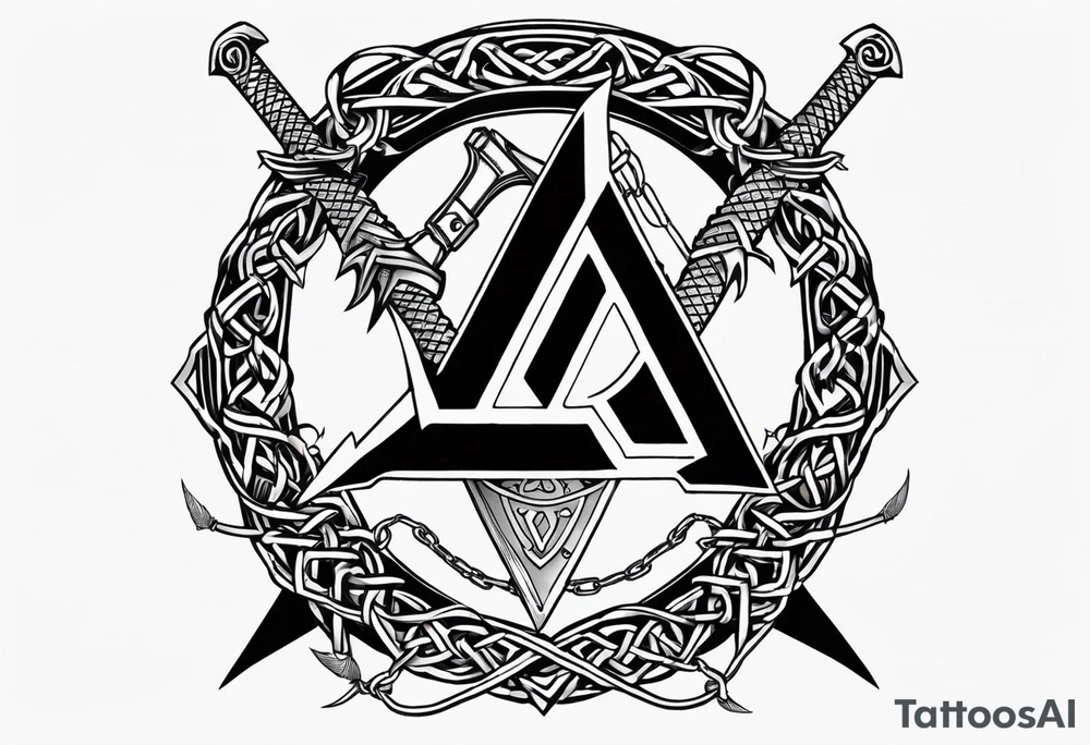 Valhalla sword shield dragon axe Valknut barbed wire chains tattoo idea Valhalla sword shield dragon axe Valknut barbed wire chains tattoo idea