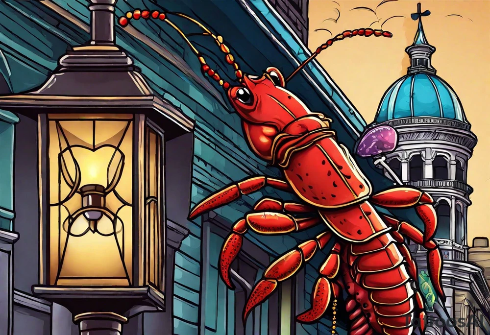 In the style of anthropomorphism, a crawfish standing by a lamp post in the French Quarter playing a saxophone while wearing a Fedora and Mardi Gras beads around his  neck tattoo idea