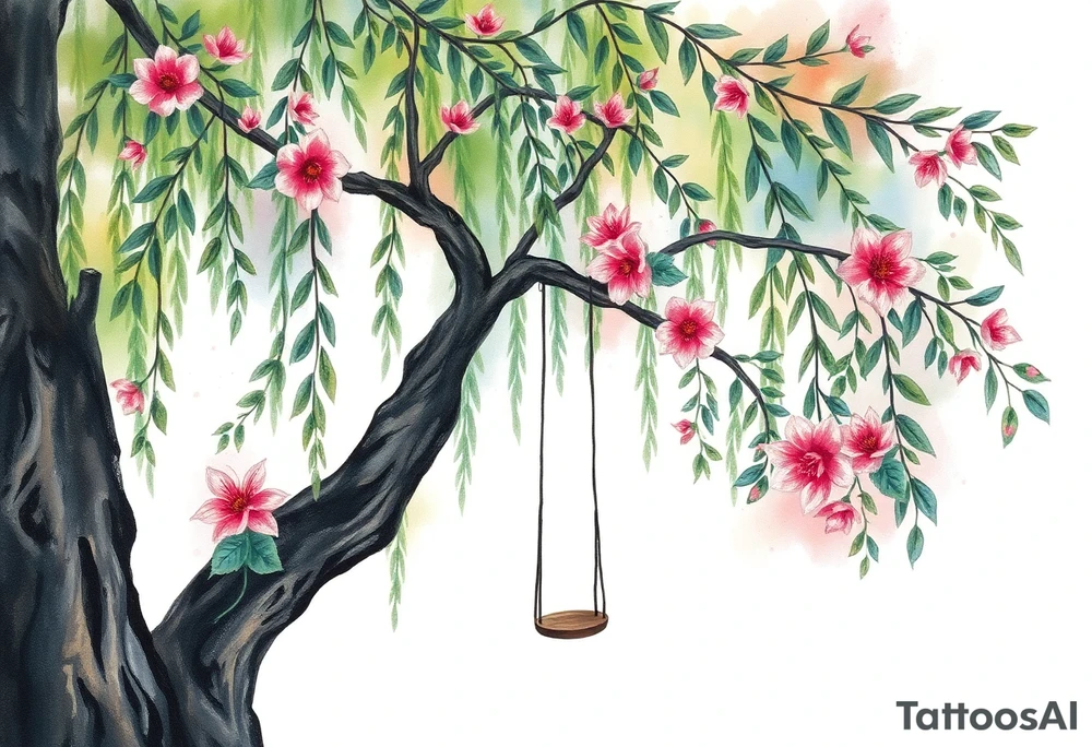 Willow tree with 7 branches with a swing hanging from one with florals tattoo idea