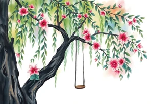 Willow tree with 7 branches with a swing hanging from one with florals tattoo idea