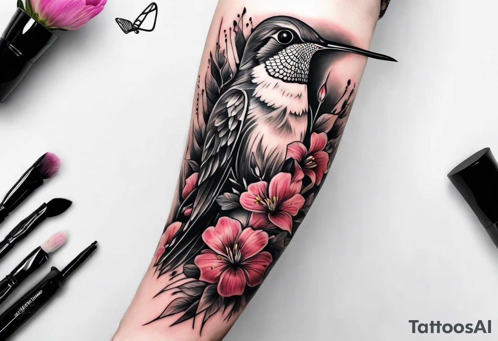 Hummingbird flowers forearm tattoo idea