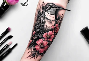 Hummingbird flowers forearm tattoo idea