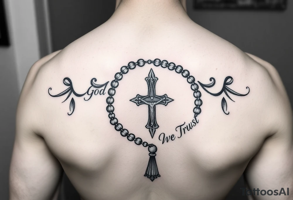 Rosary surrounded by the words "In God We Trust" tattoo idea