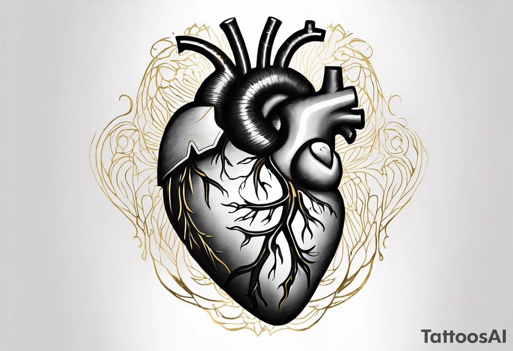 Realistic Anatomical heart with gold sealant lines tattoo idea