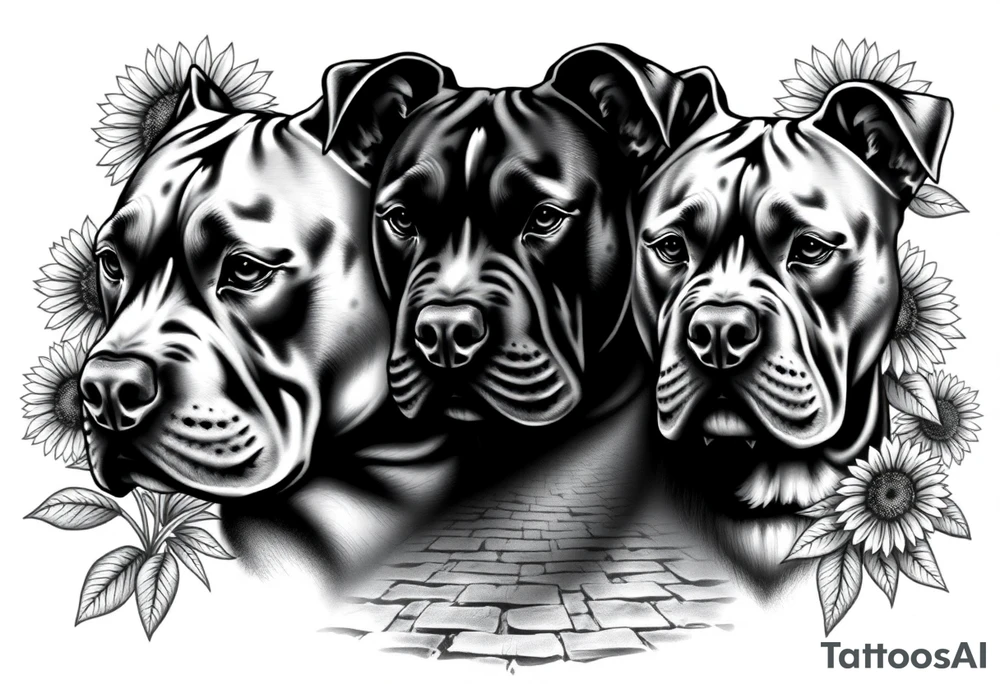 Very thick muscled up pitbull portraits fading into the background as filler incorporate sunflowers, an old road made from pavers tattoo idea