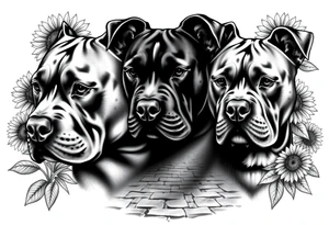 Very thick muscled up pitbull portraits fading into the background as filler incorporate sunflowers, an old road made from pavers tattoo idea