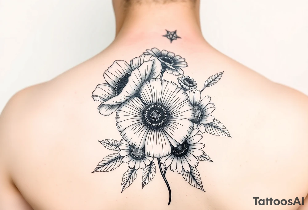 Poppy, chrysanthemum and daisy shoulder tatoo for women tattoo idea
