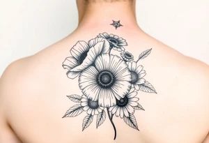 Poppy, chrysanthemum and daisy shoulder tatoo for women tattoo idea