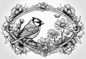 Oval shape with sea rocket and aster flowers with a small cardinal room in the center for a signature less ornate tattoo idea