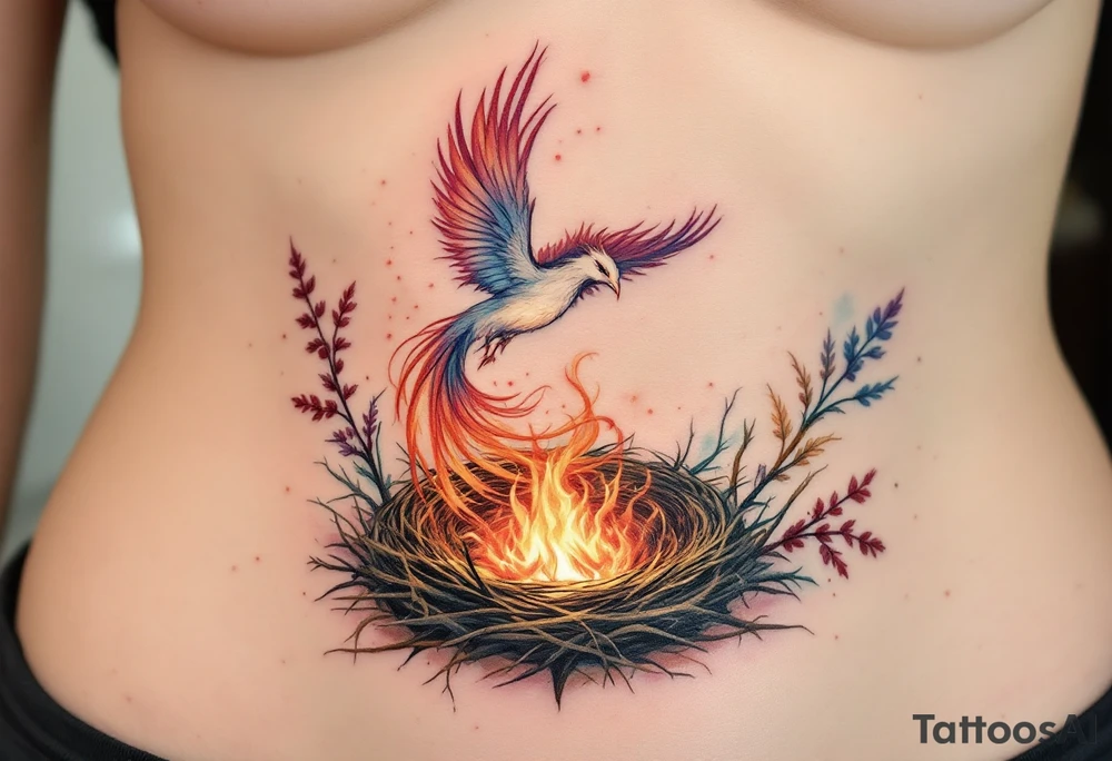 Phoenix rising from nest of burnt books tattoo idea