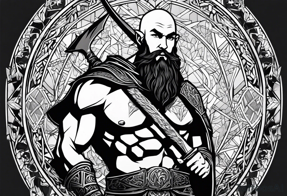 a full-body picture of a 30-year-old, human elf, bearded bald male, paladin, holding a battle axe, tattoo idea