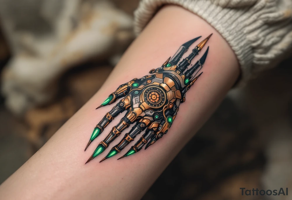 A steampunk-inspired robotic hand tattoo featuring brass tones, copper wiring, and emerald green glow at the joints. tattoo idea
