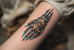 A steampunk-inspired robotic hand tattoo featuring brass tones, copper wiring, and emerald green glow at the joints. tattoo idea