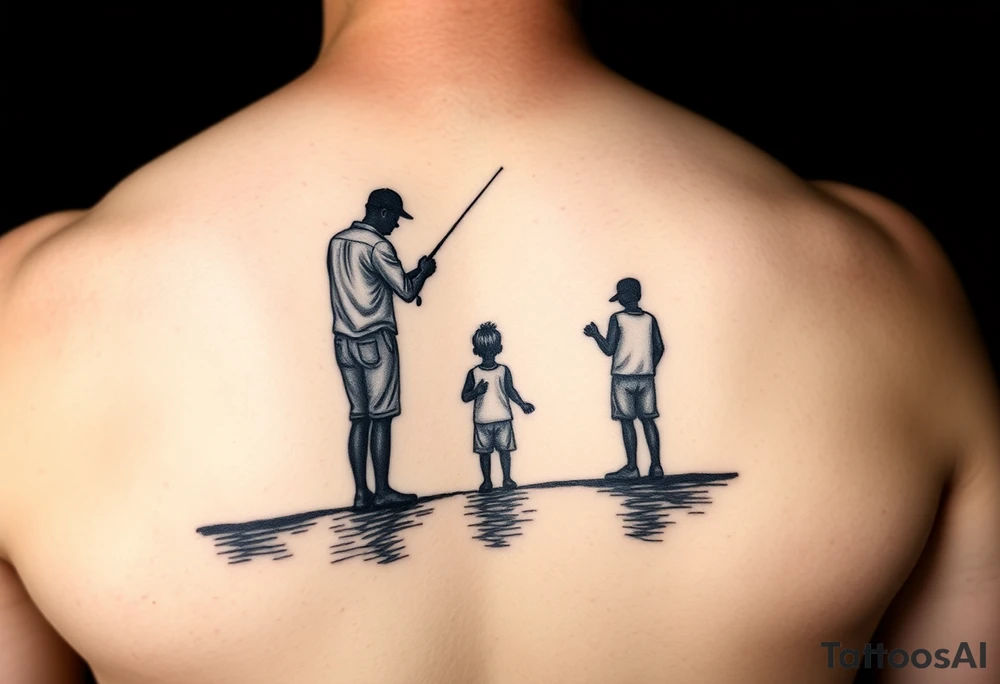 Silhouette of Dad, 14 yr old son, 11 yr old daughter and 3 yr old son fishing on dock at  the lake tattoo idea