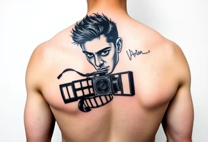 film reels cinematic person holding a camera and theatre screen tattoo idea