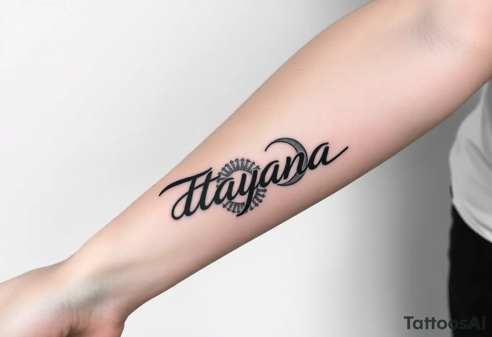 Forearm tattoo for a man using the name “Tatayana” Starting from the wrist, stretching to the elbow with the sun and moon tattoo idea