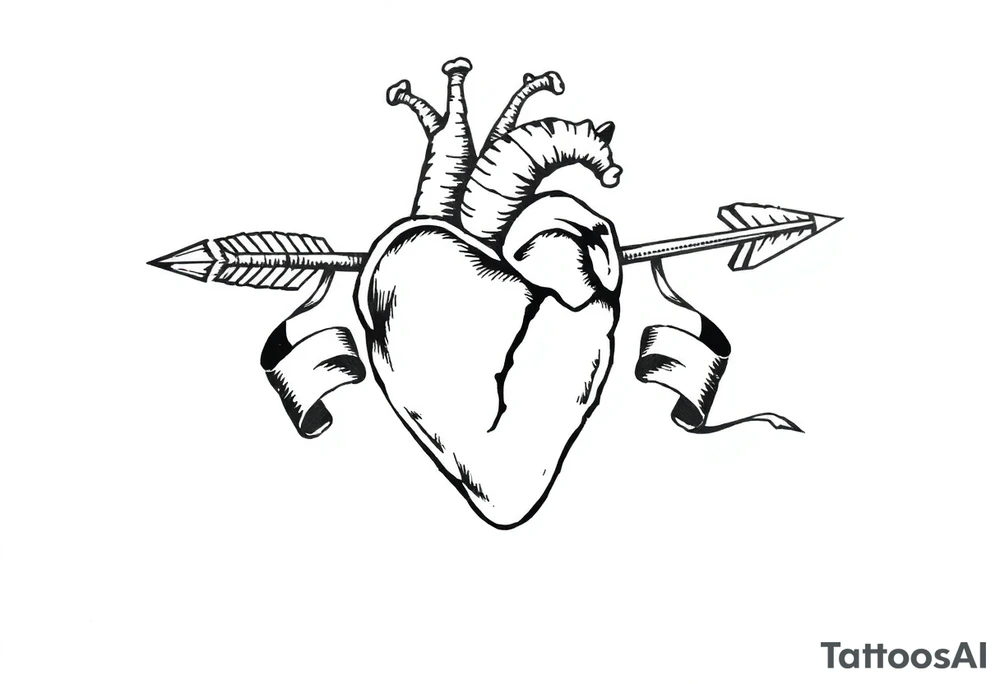 anatomical heart pierced by ornate arrow with flowing ribbons tattoo idea