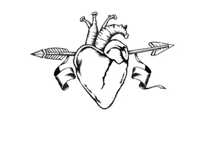 anatomical heart pierced by ornate arrow with flowing ribbons tattoo idea