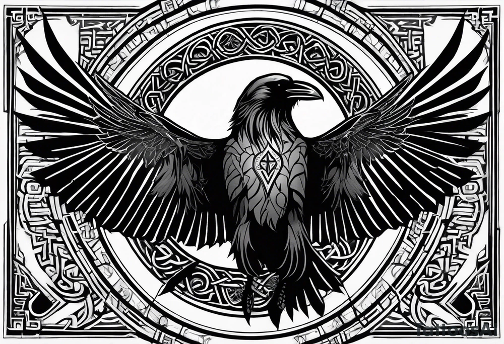 Black and white odins raven in a Norse rune style for placement on the neck with the ravens wings going up the sides of the neck. Norse knots and runes throughout tattoo idea