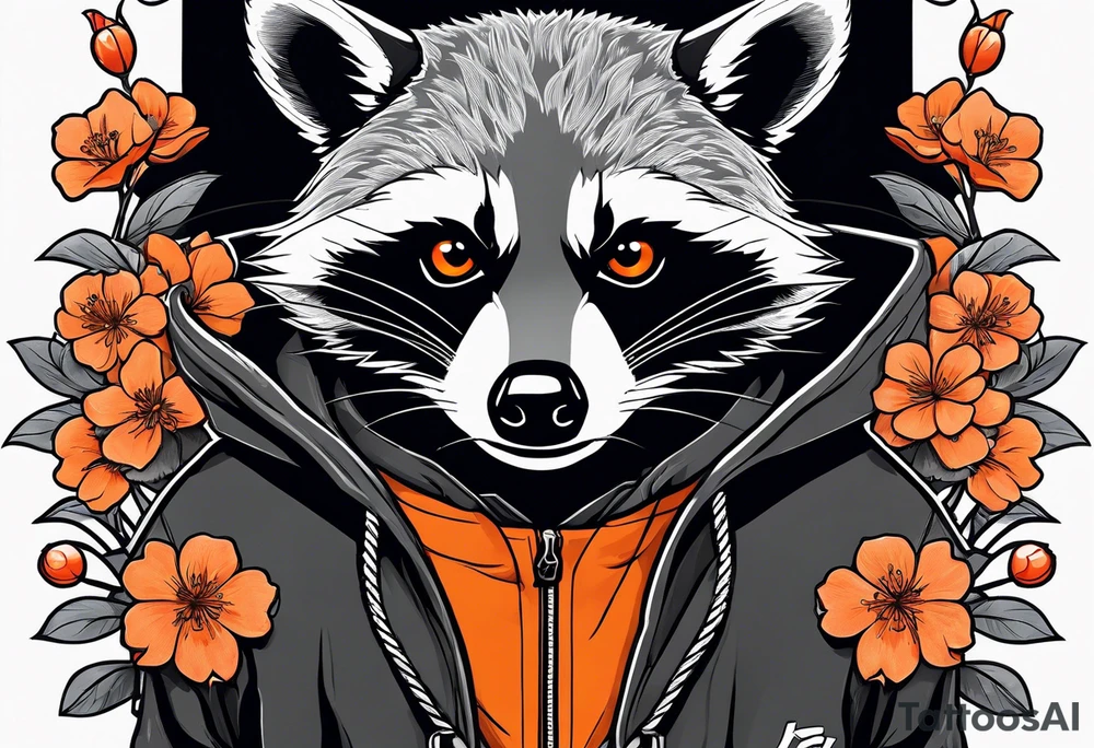 Raccoon wearing a white Superman logo on a black hoodie and orange Japanese cherry blossoms beside tattoo idea