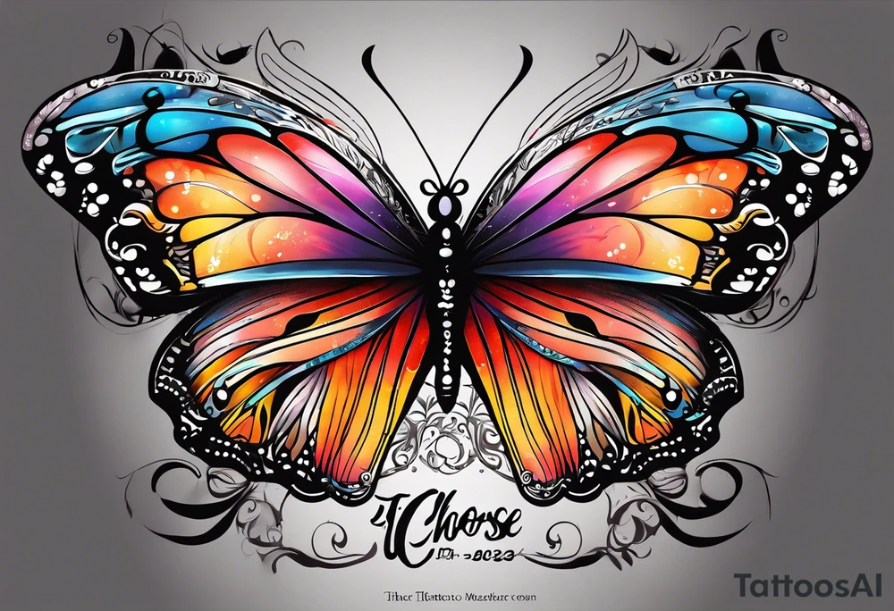 butterfly with one wing black scribbles, the other wing beautiful and colorful, the body has the date 1.9.2023 and the words written "I chose to live." tattoo idea