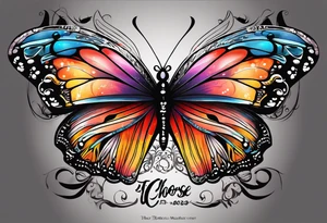 butterfly with one wing black scribbles, the other wing beautiful and colorful, the body has the date 1.9.2023 and the words written "I chose to live." tattoo idea